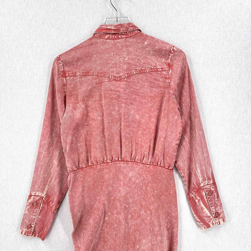 YOUNG FABULOUS BROKE Midi Dress Women Small Pink Acid Wash Ruched Western Shirt - Picture 6 of 16